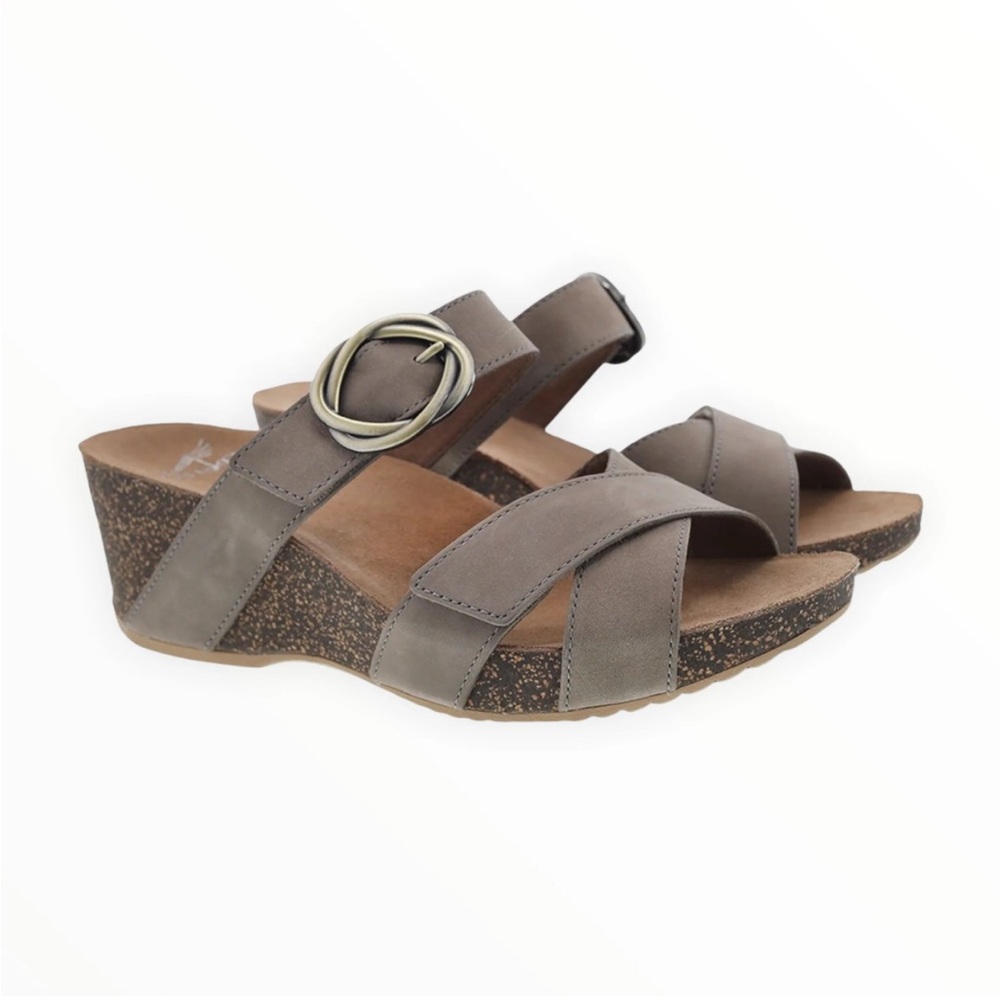 Dansko Susie Milled Nubuck Tan Wedge Slide Sandal Shoe Size 36 Cross Straps NIB